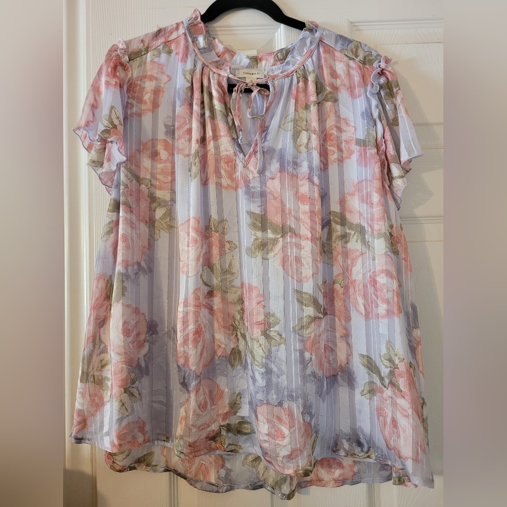 Tamara H Floral Tie-Neck Flutter Blouse